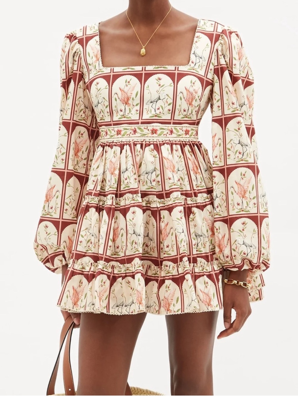 AGUA By Agua Bendita Avena Garza Crane Print Cotton Poplin Mini Dress